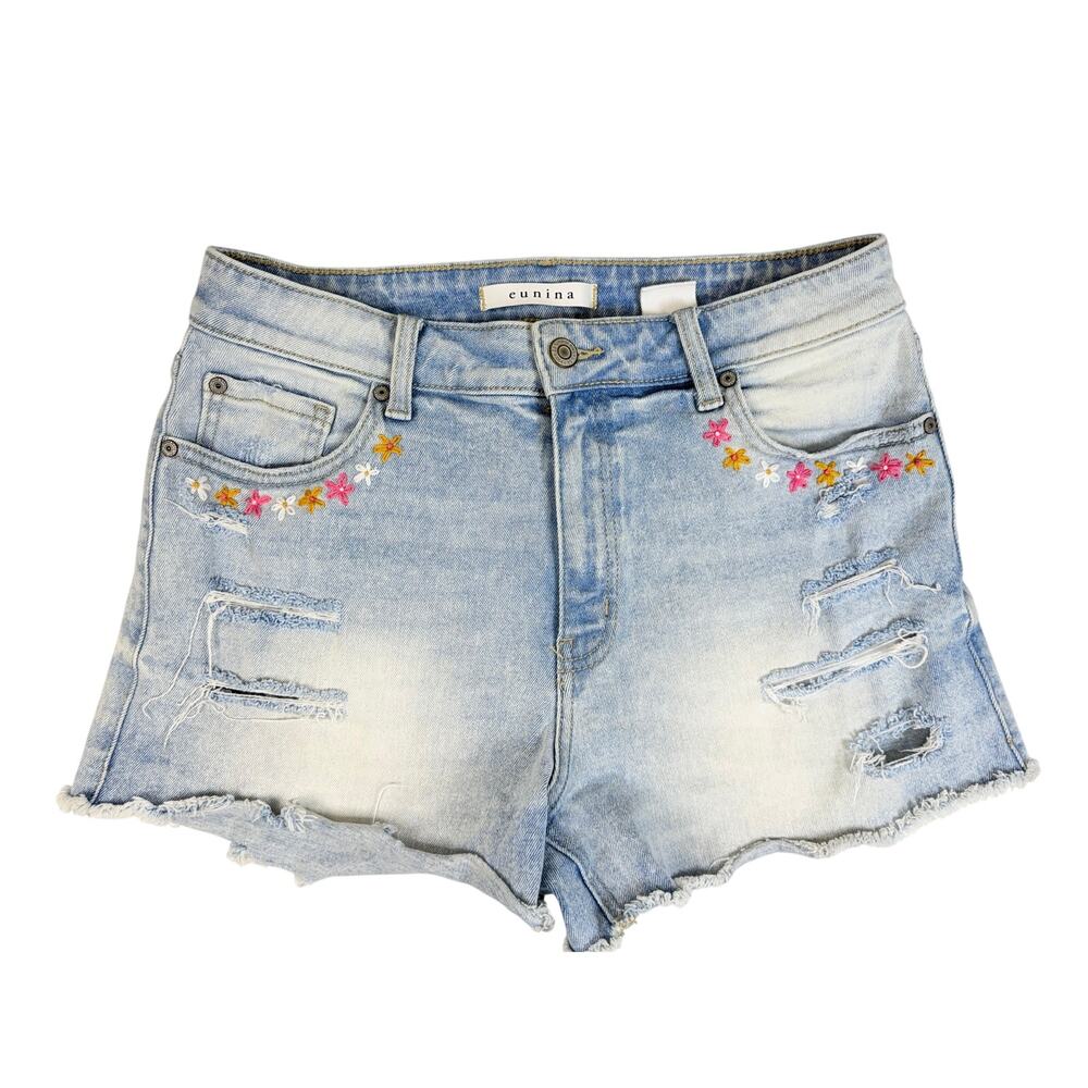 Eunina Kara High Rise Mom Rolled Denim Shorts Distressed Floral Medium